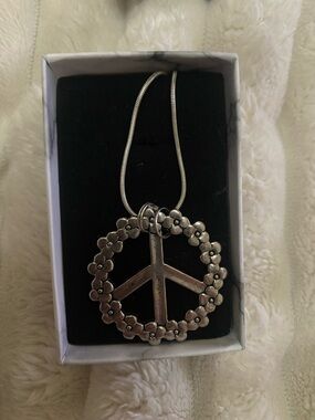 Silver Floral Peace Sign Pendant Necklace - Women
